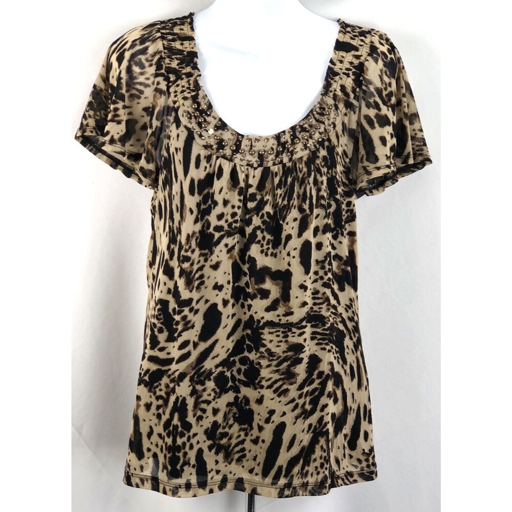 Vintage Flowy mesh babydoll Top S leopard Bead flutter Shortsleeve Y2K Glam Chic